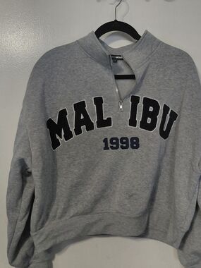 Fashion Nova Grey Zip-Up 'Malibu 1998' Sweatshirt
